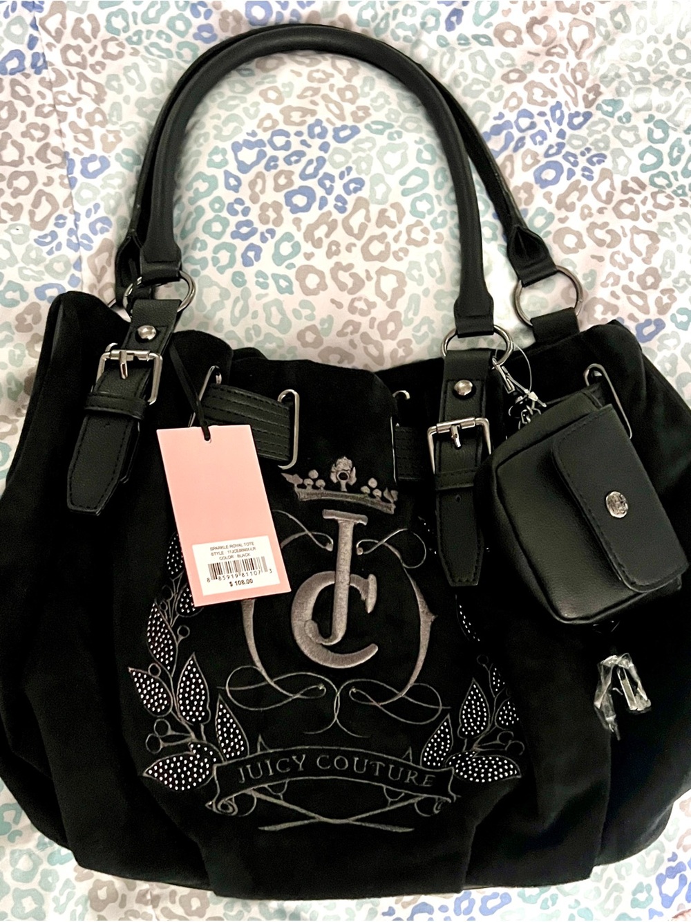 New Black Juicy Couture Purse Satchel Bag Handbag Velour Sparkle Royal Tote
